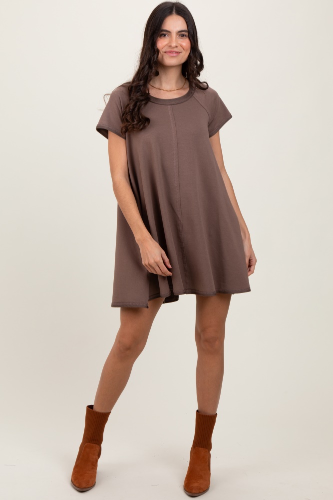 brown french terry basic short sleeve mini dress