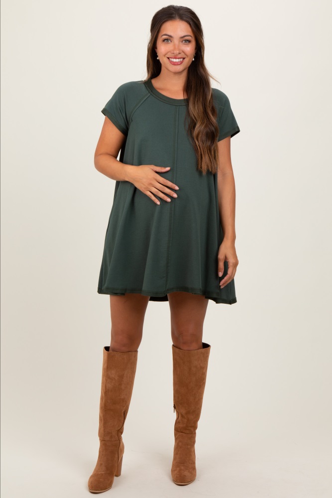 forest green french terry basic short sleeve maternity mini dress