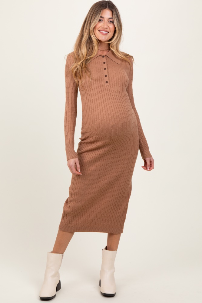 camel cable knit button up maternity midi dress