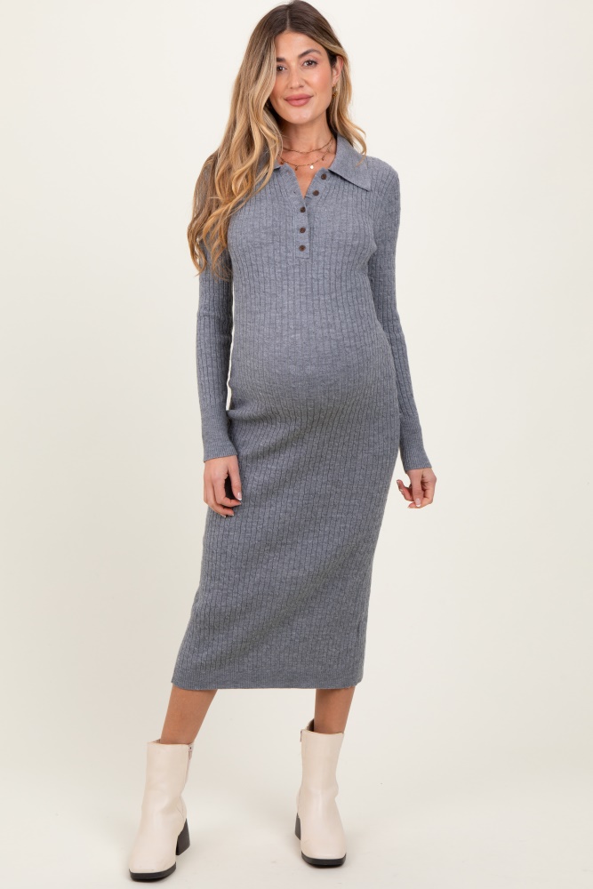 heather grey cable knit button up maternity midi dress