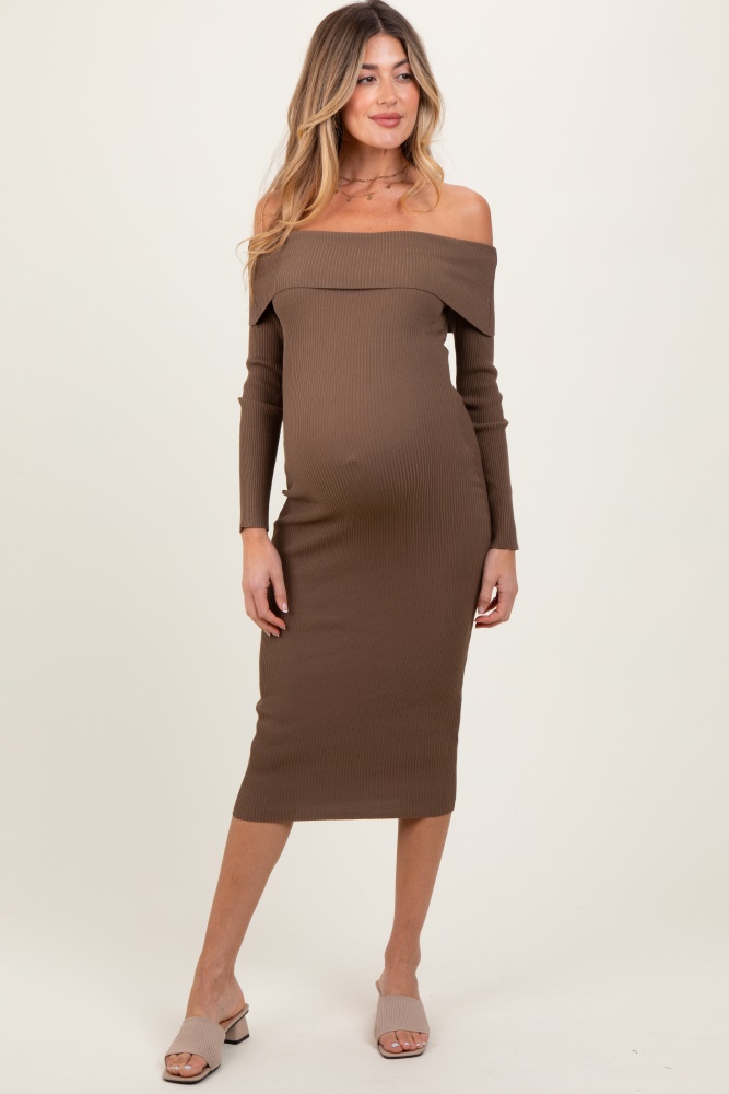 brown ribbed knit off shoulder fold over maternity midi dress