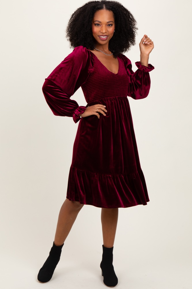 burgundy velvet smocked long sleeve dress