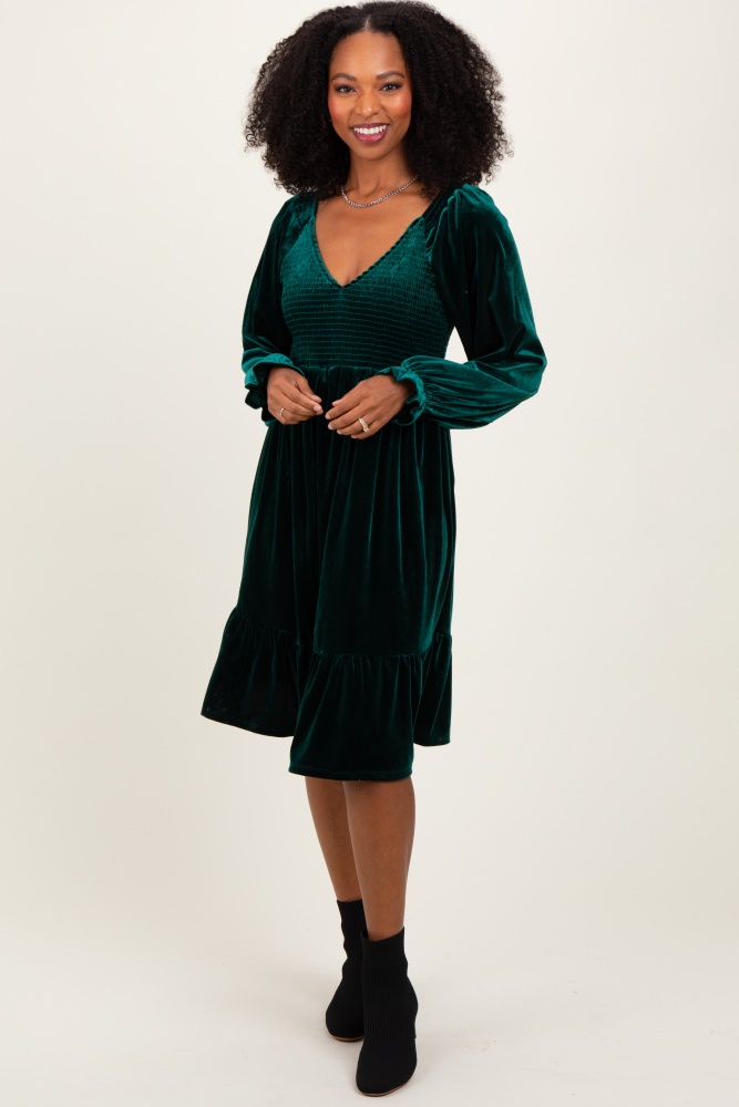 forest green velvet smocked long sleeve dress