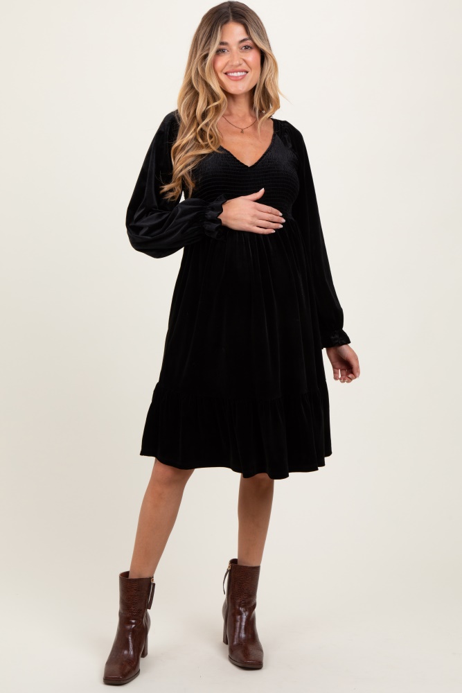 black velvet smocked maternity long sleeve dress