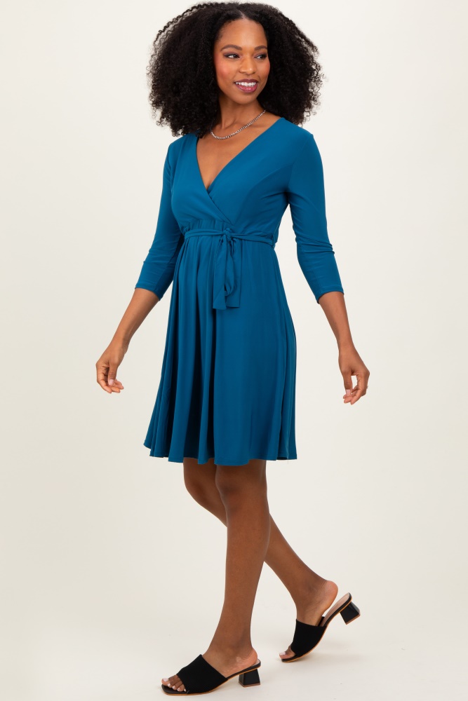 teal 3/4 sleeve nursing sash tie wrap dress