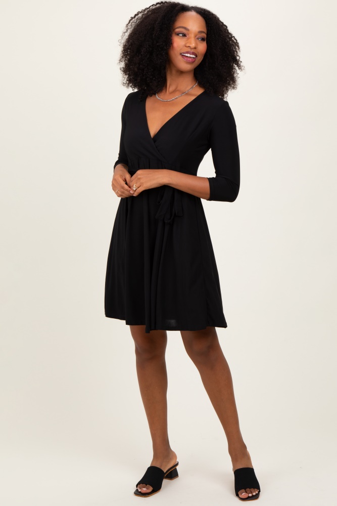 black 3/4 sleeve nursing sash tie wrap dress