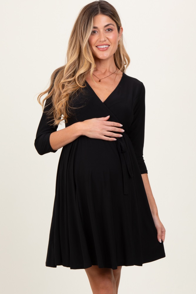 black 3/4 sleeve maternity/nursing sash tie wrap dress