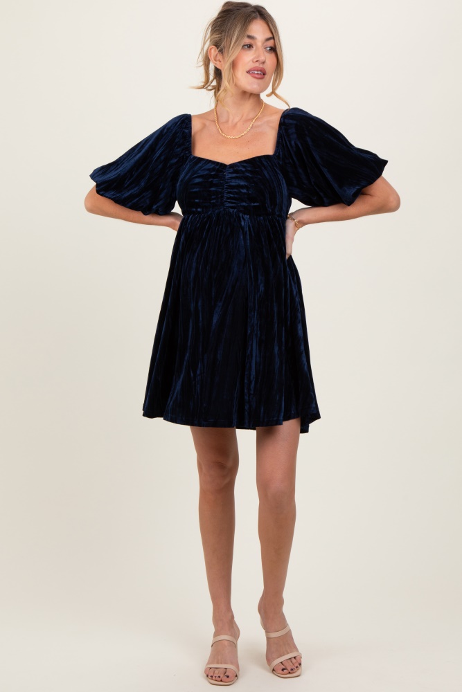 navy crushed velvet puff sleeve maternity mini dress