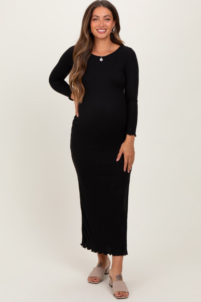 black knit side slit lettuce trim maternity maxi dress