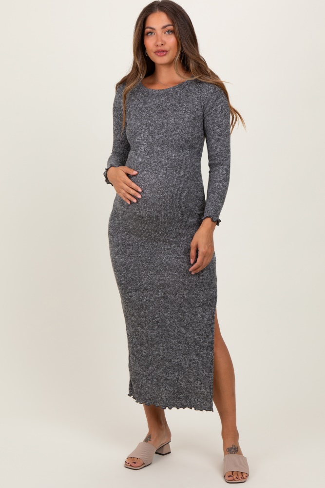 charcoal knit side slit lettuce trim maternity maxi dress