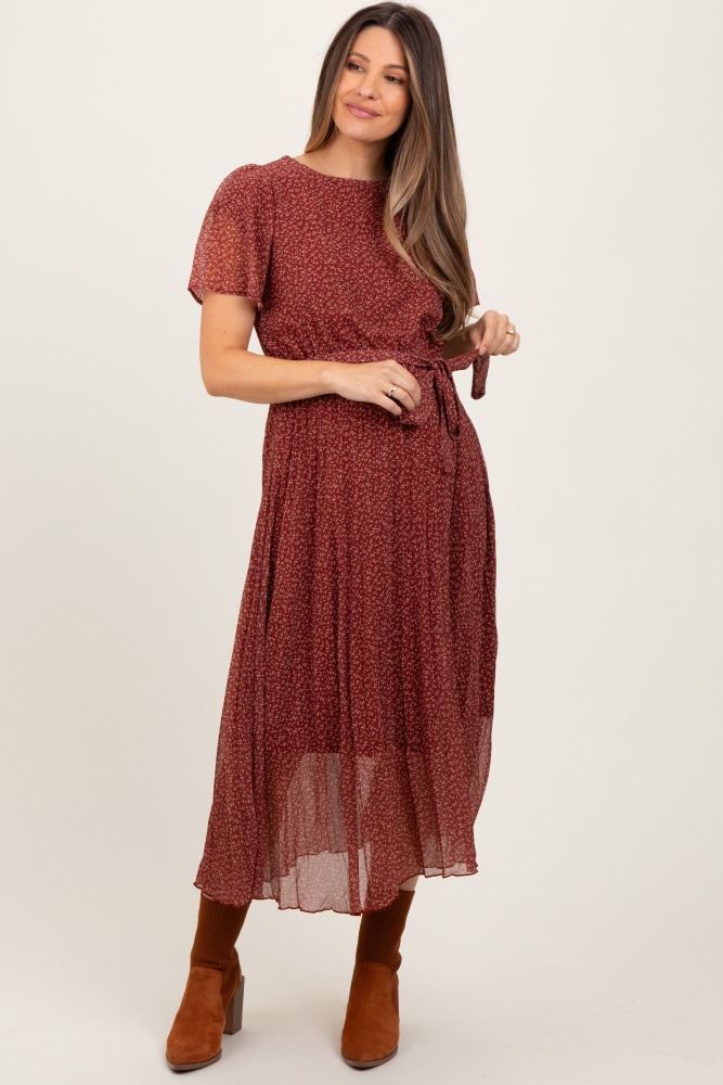 burgundy leaf print pleated maternity midi dress