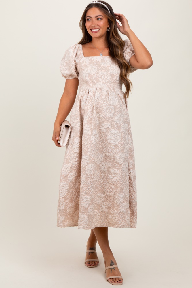 beige floral jacquard knit puff sleeves maternity midi dress