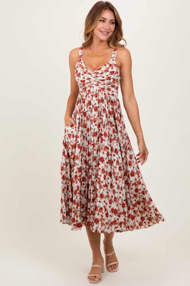 red floral pleated midi dress