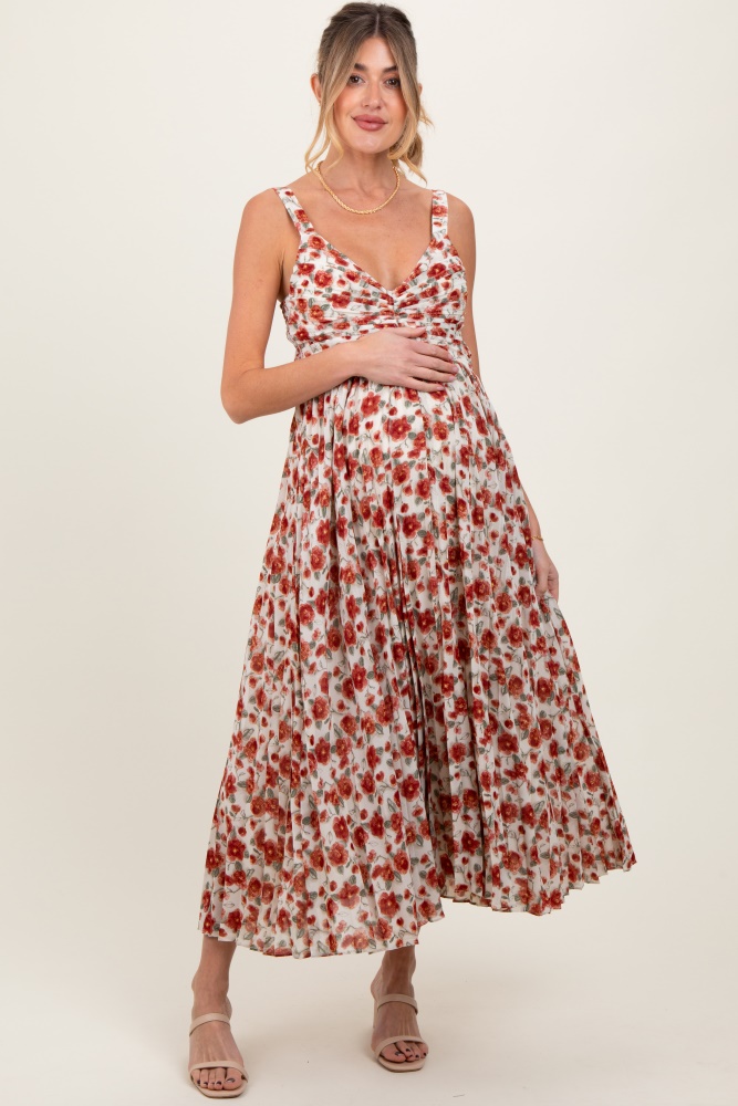 red floral pleated maternity midi dress