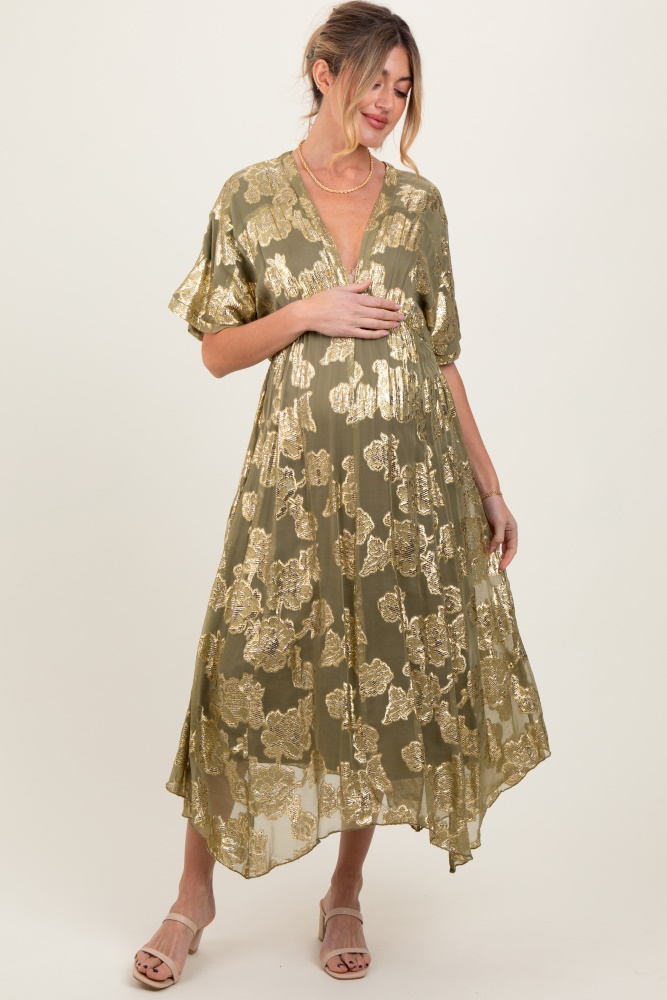 olive metallic floral jacquard overlay maternity maxi dress