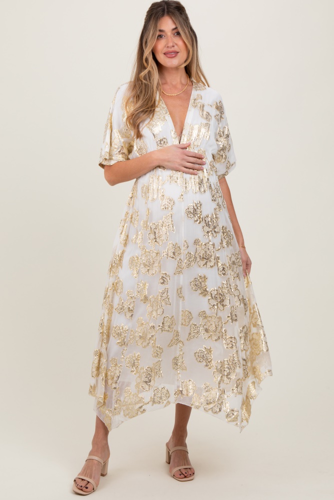 cream metallic floral jacquard overlay maternity maxi dress