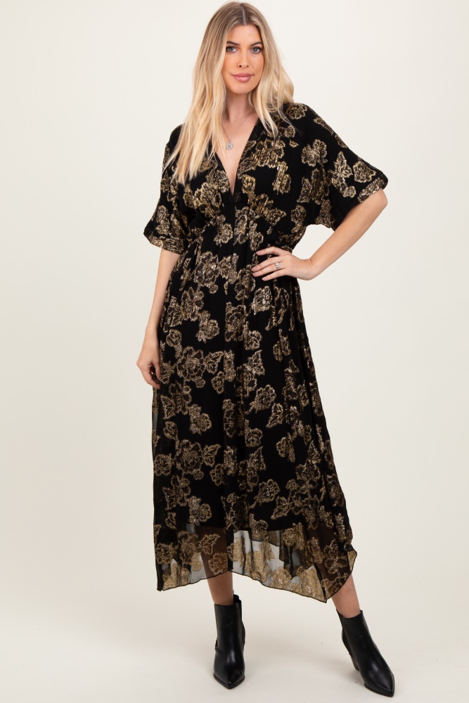 black metallic floral jacquard overlay maxi dress