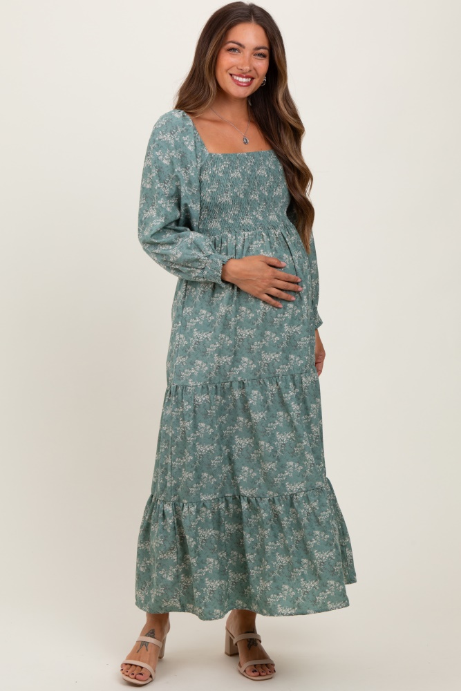 light olive floral smocked square neck maternity maxi dress