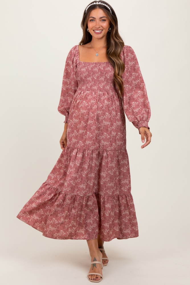 mauve floral smocked square neck maternity maxi dress