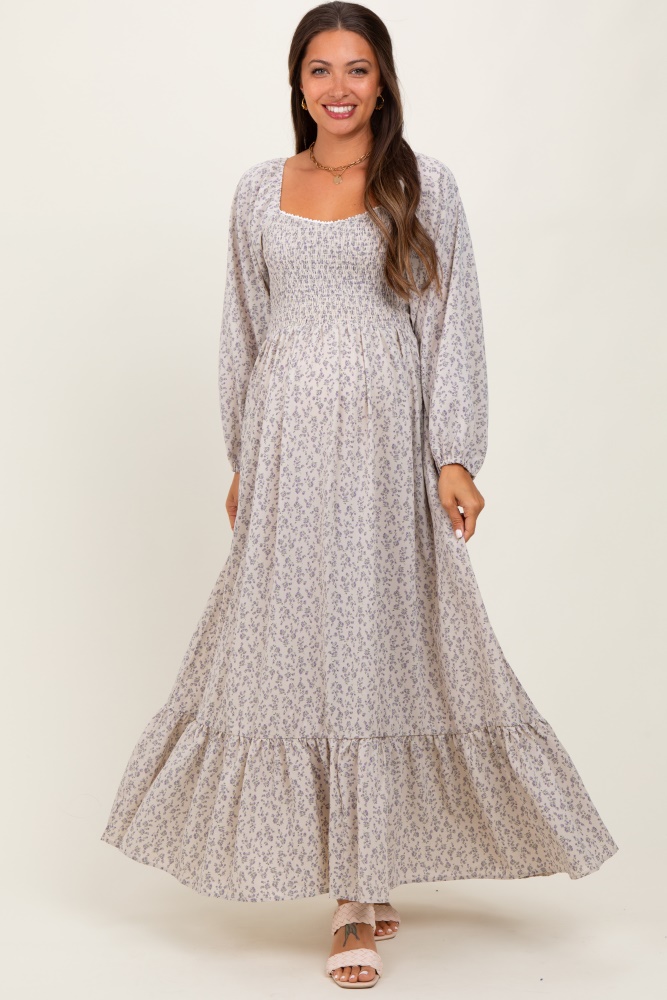 Cream Floral Shimmer Lace-Up Maternity Maxi Dress– PinkBlush