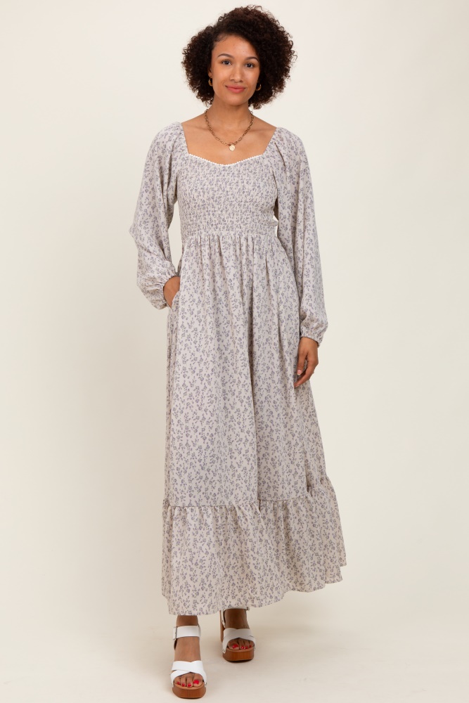 Lavender Floral Smocked Lace Trim Sweetheart Maxi Dress