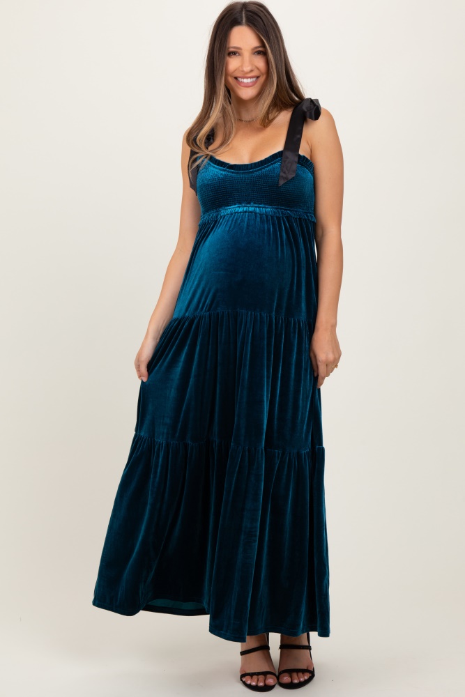 deep teal velvet smocked satin shoulder tie maternity maxi dress