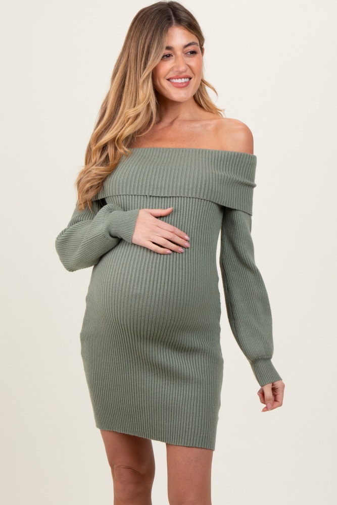 light olive off shoulder balloon sleeve maternity mini sweater dress