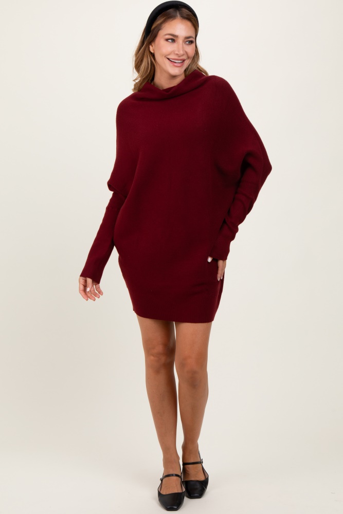 burgundy funnel neck dolman sleeve mini dress