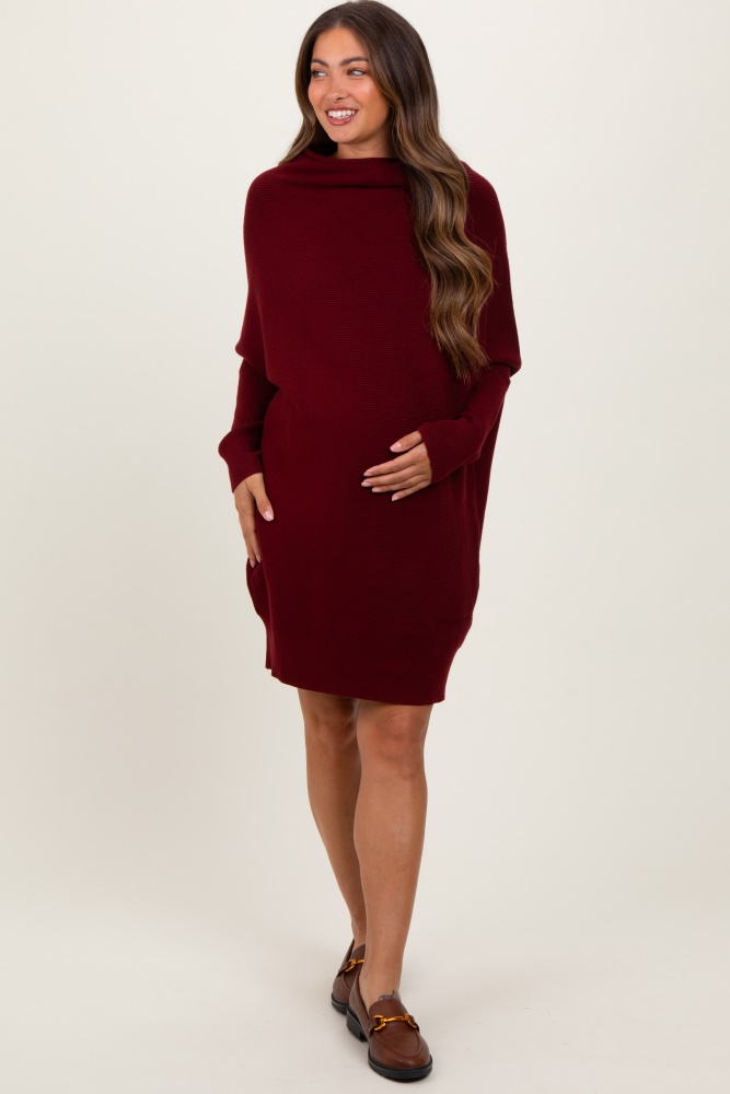 burgundy funnel neck dolman sleeve maternity mini dress