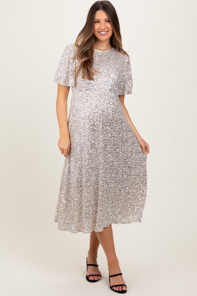 gold sequin short sleeve maternity midi dress