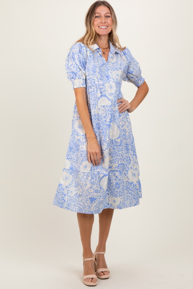 periwinkle floral collared tiered midi dress