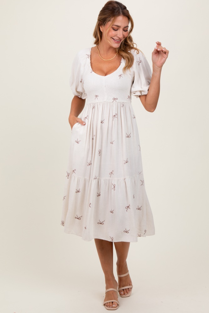 cream ribbon print smocked midi dress