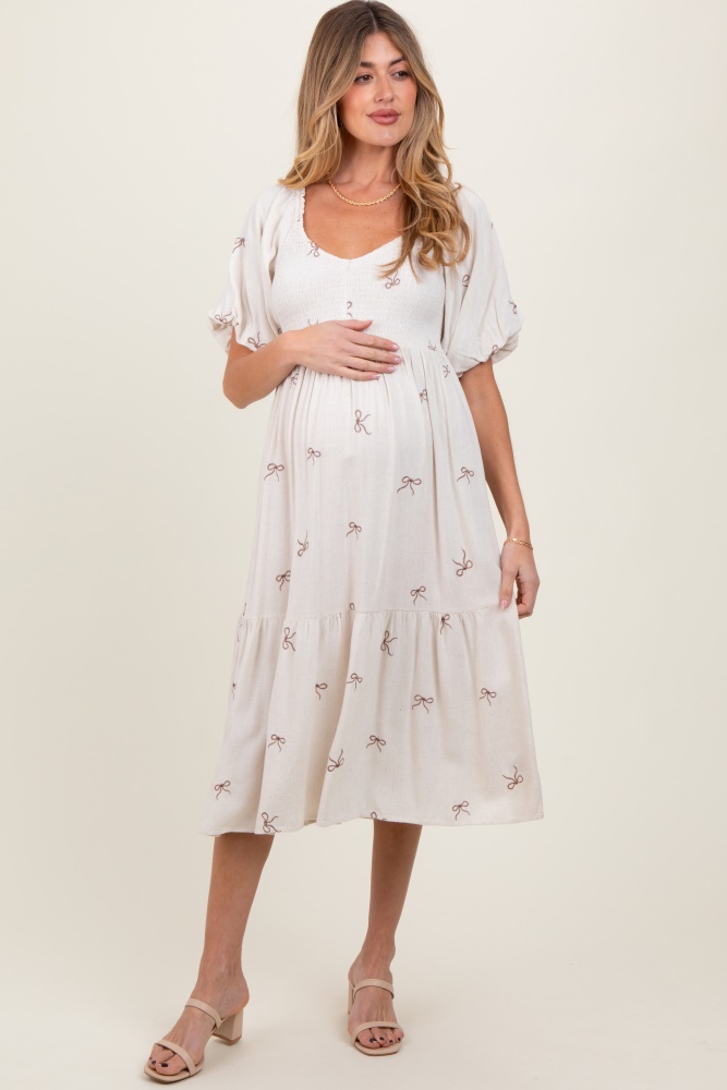 cream ribbon print smocked maternity midi dress