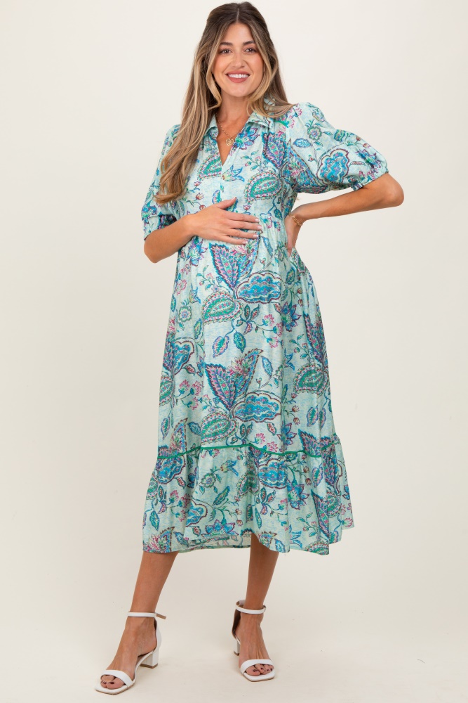 aqua paisley collared ruffle hem maternity midi dress