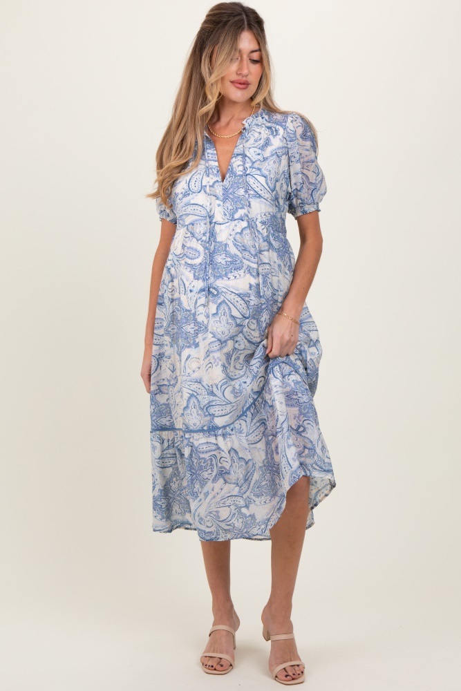 blue paisley front tie ruffle trim maternity midi dress