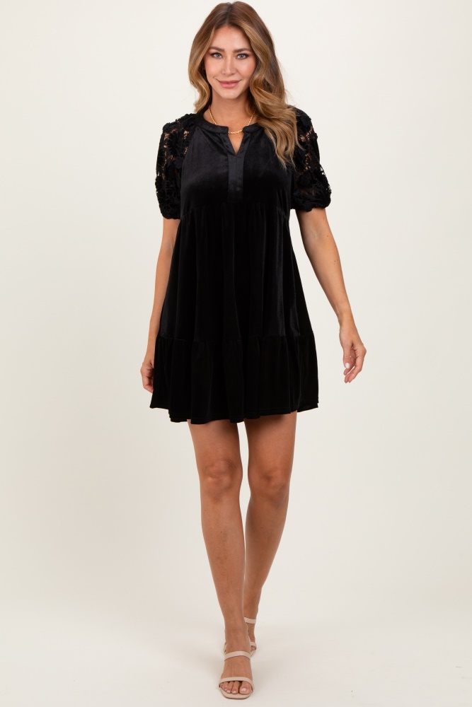 black velvet floral lace short sleeve dress