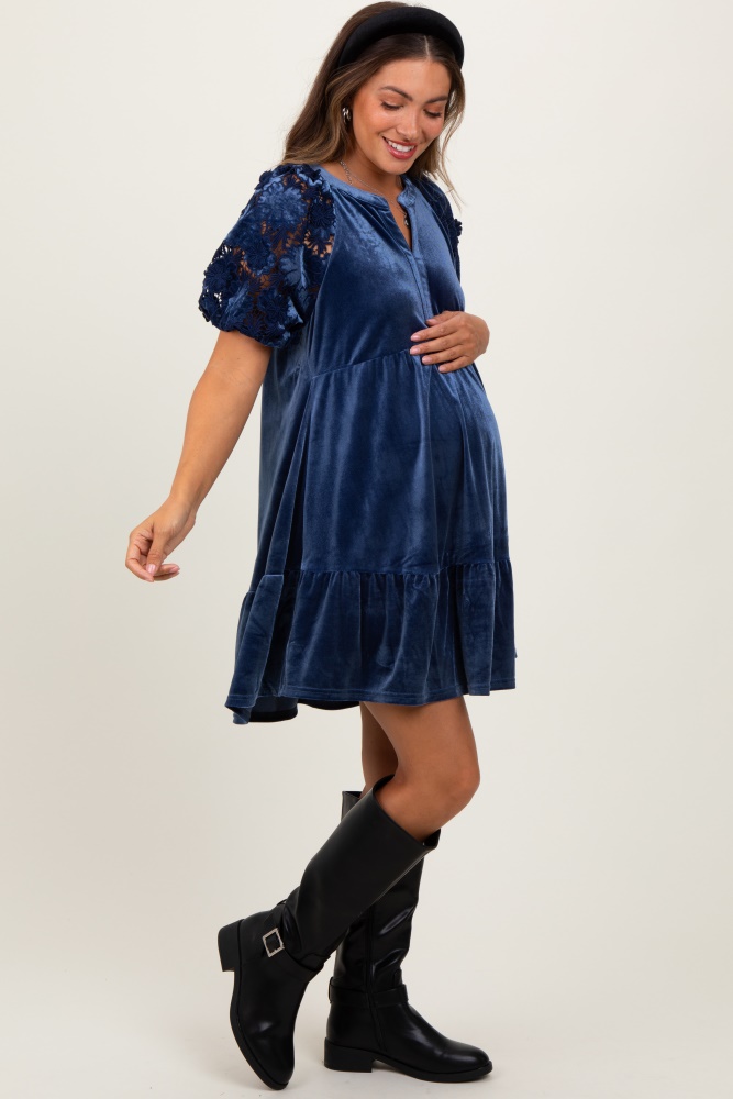 blue velvet floral lace short sleeve maternity dress