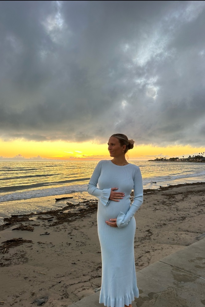 Light Blue Ribbed Knit Bow Back Maternity Maxi Dress  PinkBlush