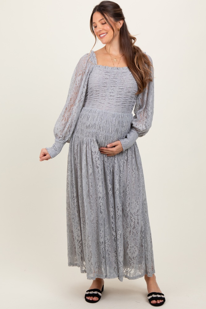 heather grey lace smocked bubble sleeve maternity maxi dress