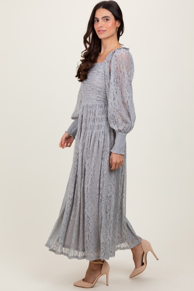 heather grey lace smocked bubble sleeve maxi dress