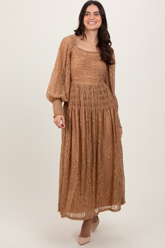 camel lace smocked bubble sleeve maxi dress