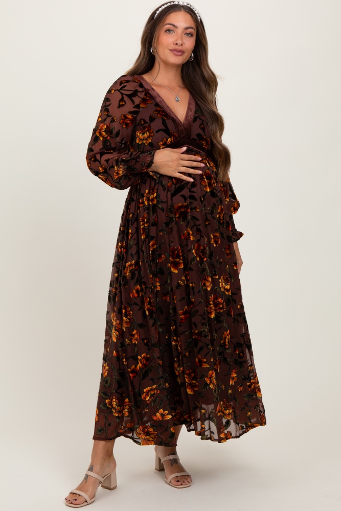 yellow rose print velvet mesh overlay maternity maxi dress