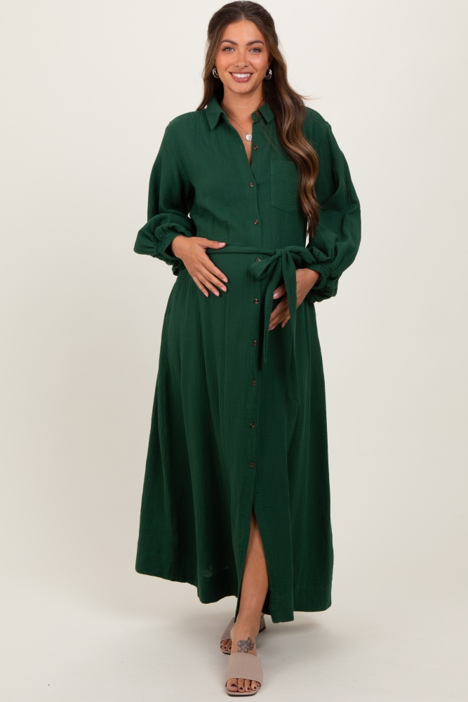 dark olive gauze belted shirt maternity midi dress