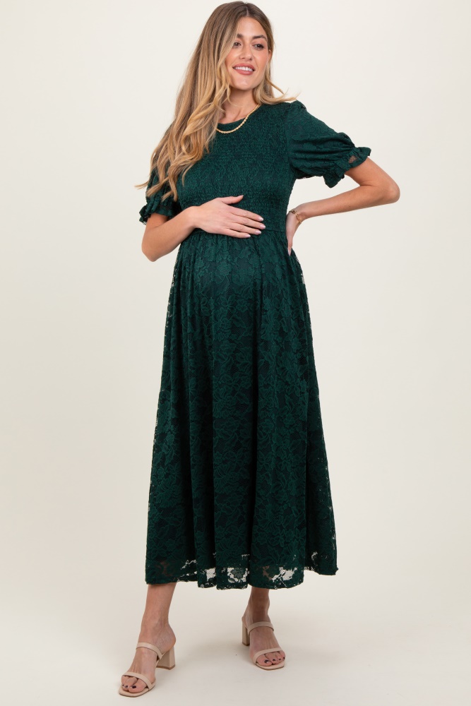 forest green lace smocked short sleeve maternity midi dress