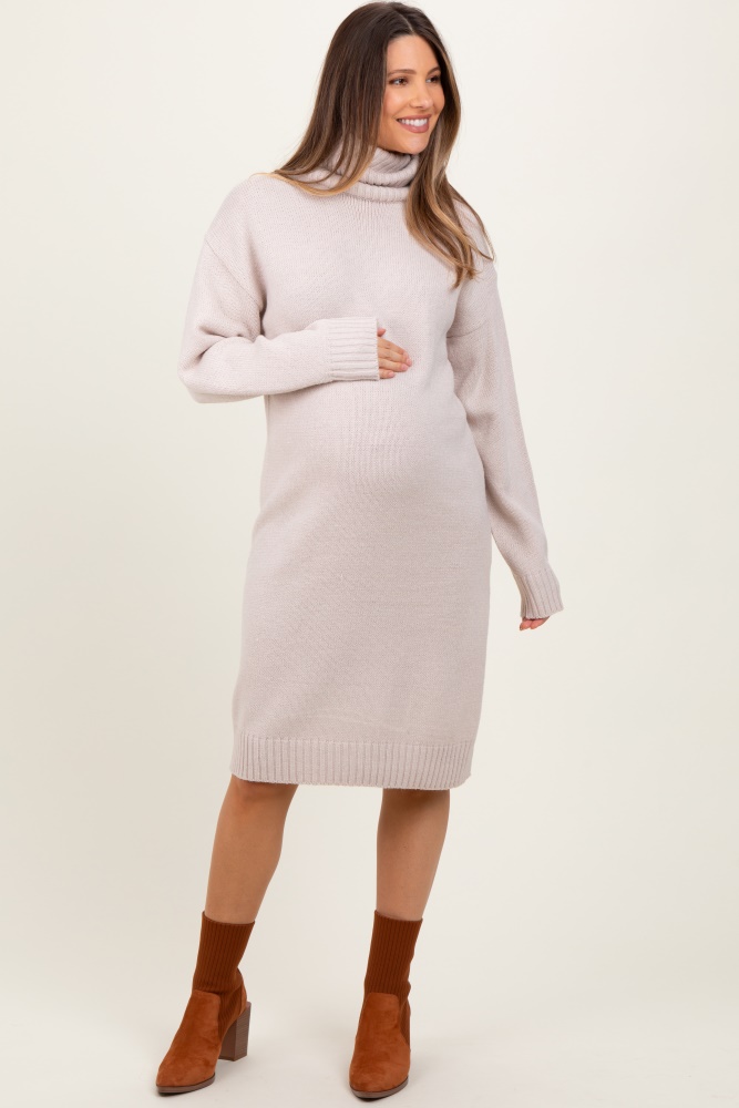 beige turtleneck side slit maternity midi sweater dress