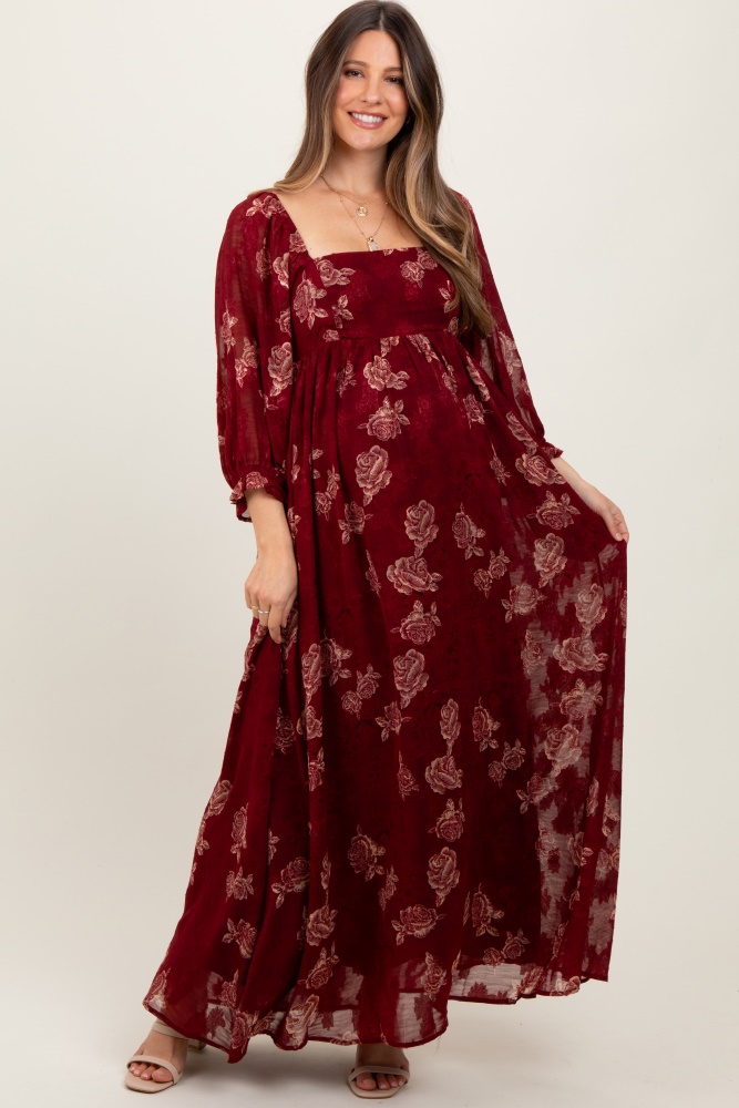 burgundy multi floral textured peasant babydoll maxi dress