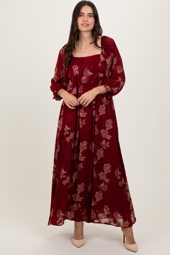 Burgundy Floral Flocked Mesh Long Sleeve Midi Dress  PinkBlush