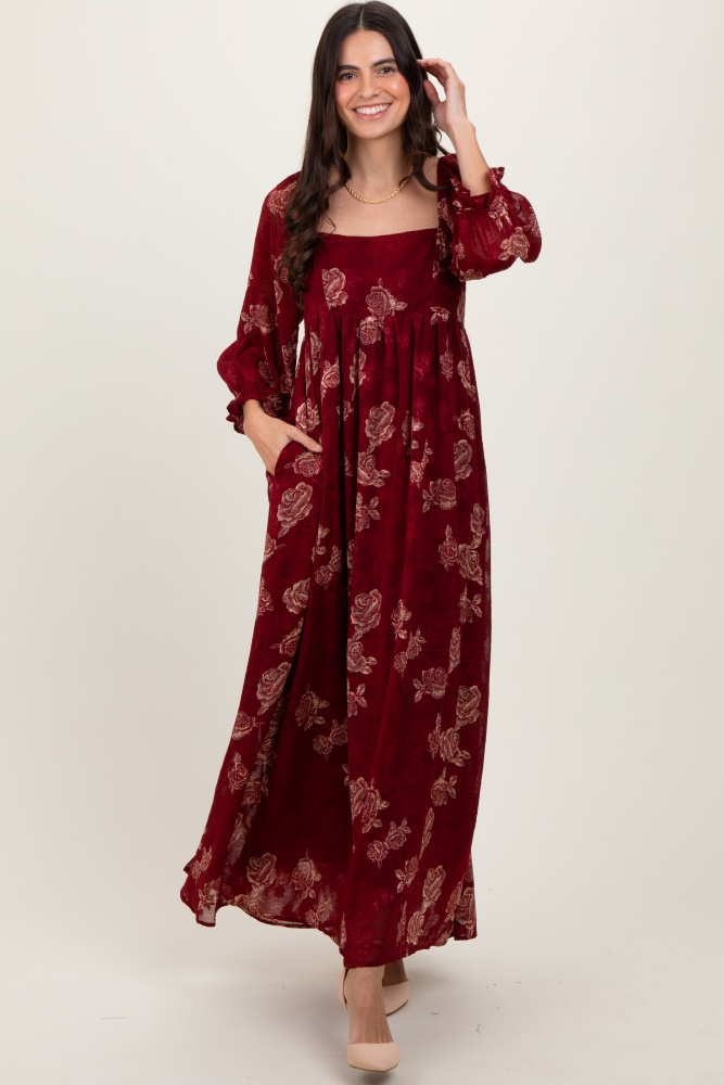 burgundy multi floral textured peasant babydoll maxi dress