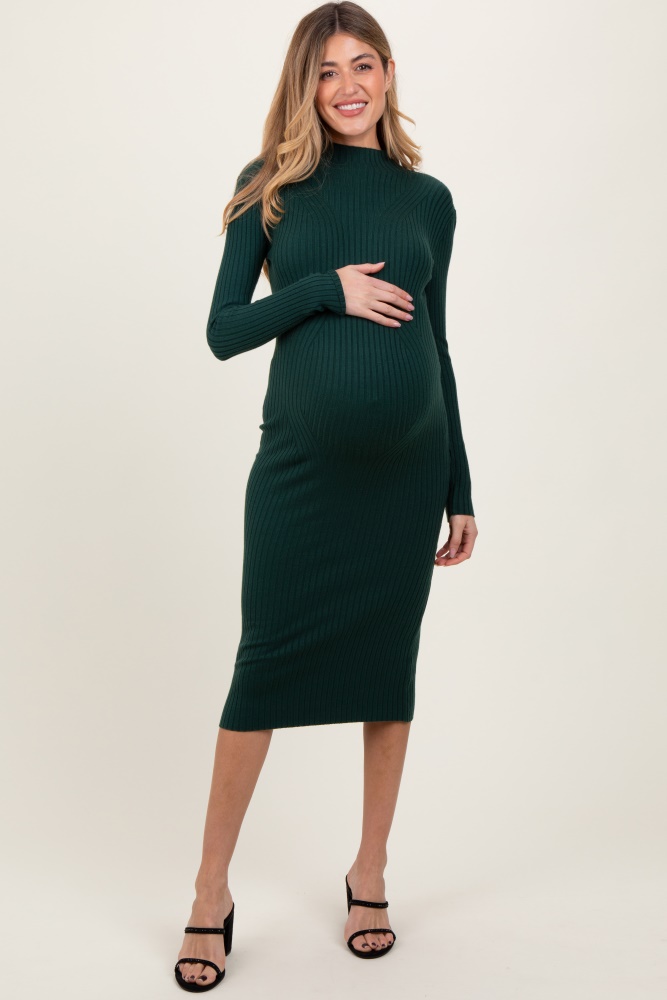 forest green ribbed knit mock neck long sleeve maternity midi dress