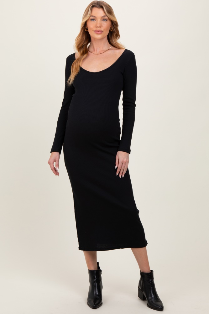 black scoop neck long sleeve maternity midi dress